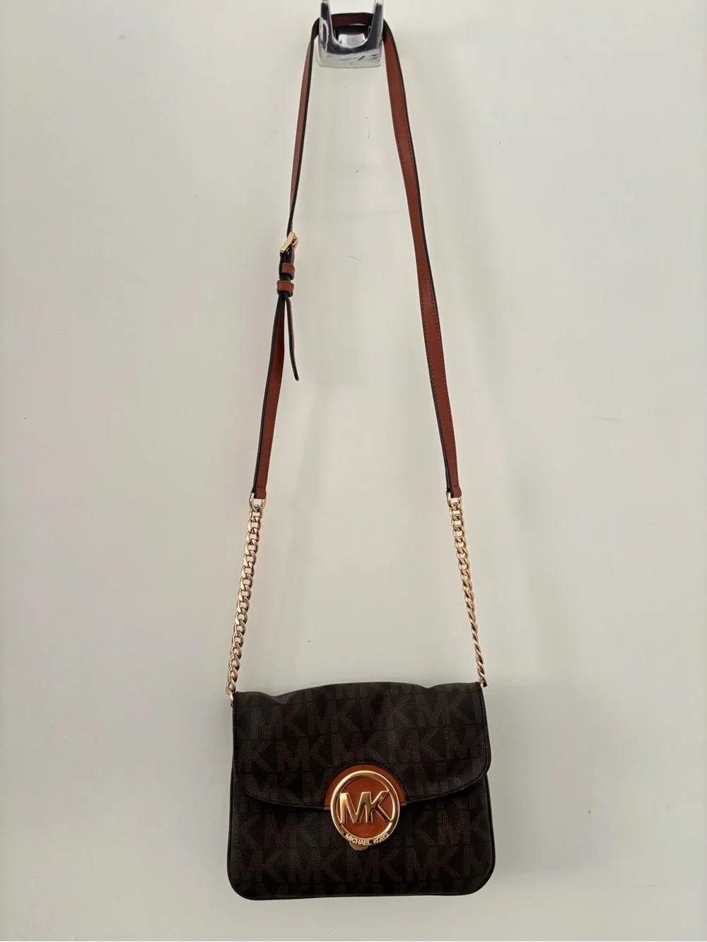 Michael Kors Brown Logo MK Medallion Crossbody with Gold Chain